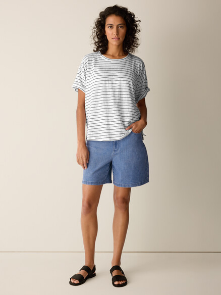 Eileen Fisher Organic Linen Jersey Stripe Crewneck Box Top in White/Black