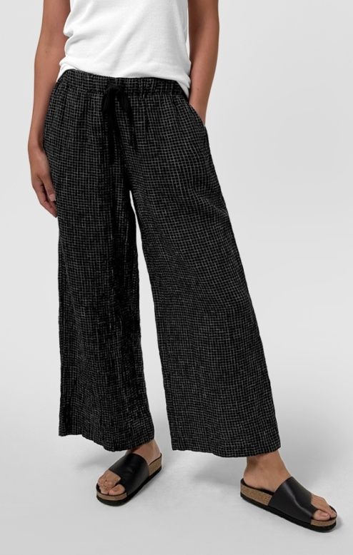 Eileen Fisher Puckered Organic Linen Grid Wide-Leg Pant in Black/White
