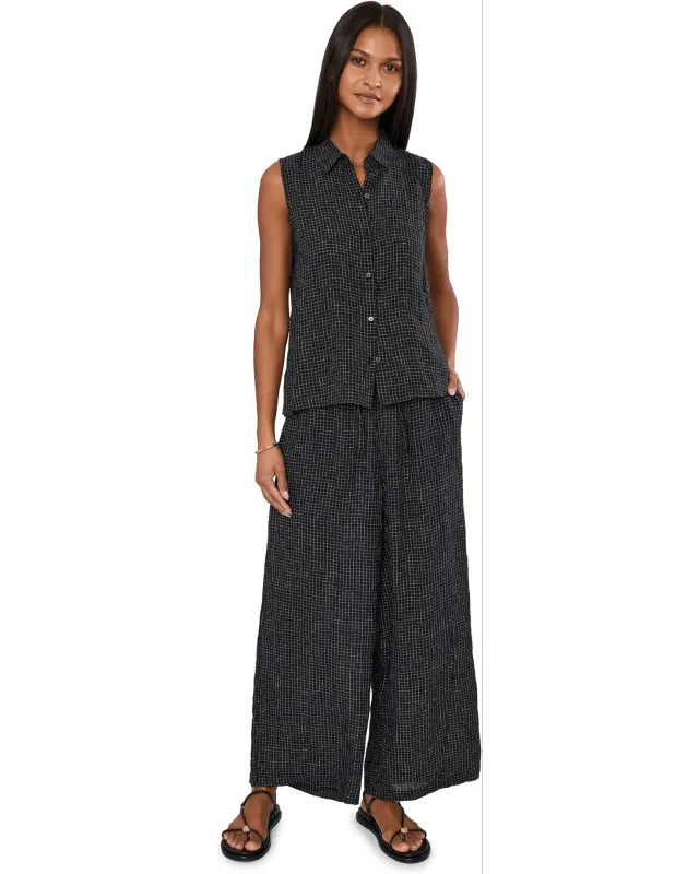 Eileen Fisher Puckered Organic Linen Grid Wide-Leg Pant in Black/White