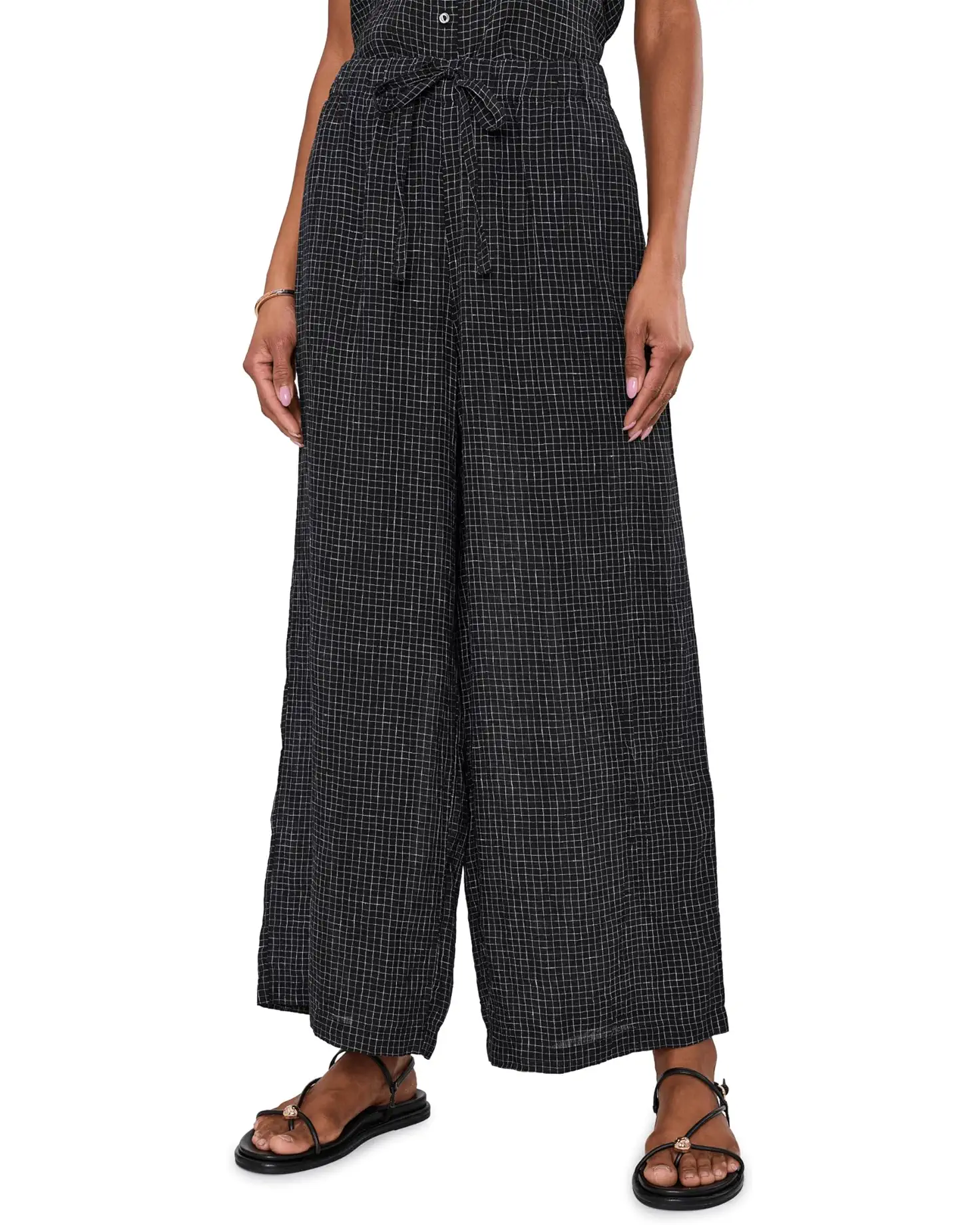 Eileen Fisher Puckered Organic Linen Grid Wide-Leg Pant in Black/White