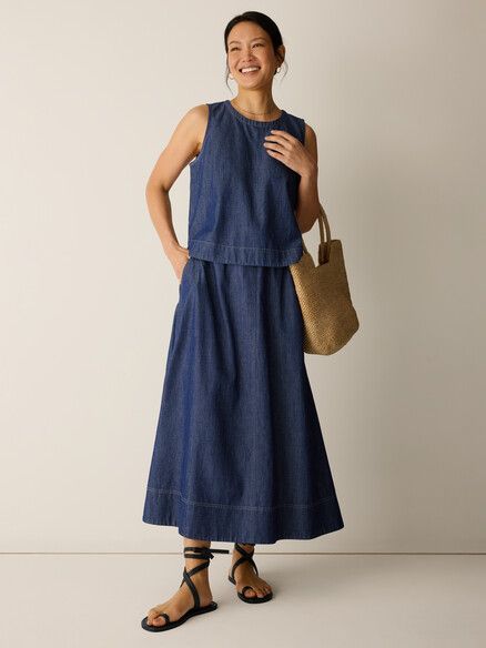Eileen Fisher Lightweight Organic Cotton Denim Half-Circle Skirt in Dark Indigo