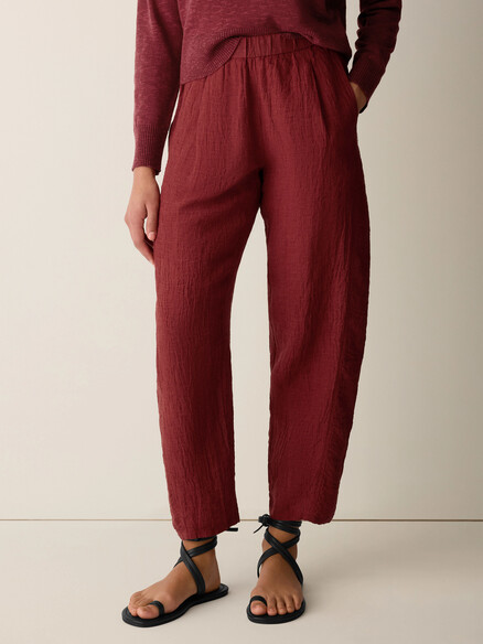 Eileen Fisher Puckered Organic Linen Stripe Lantern Pant in Sun Dried Tomato