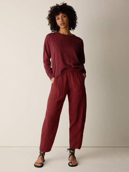 Eileen Fisher Puckered Organic Linen Stripe Lantern Pant in Sun Dried Tomato
