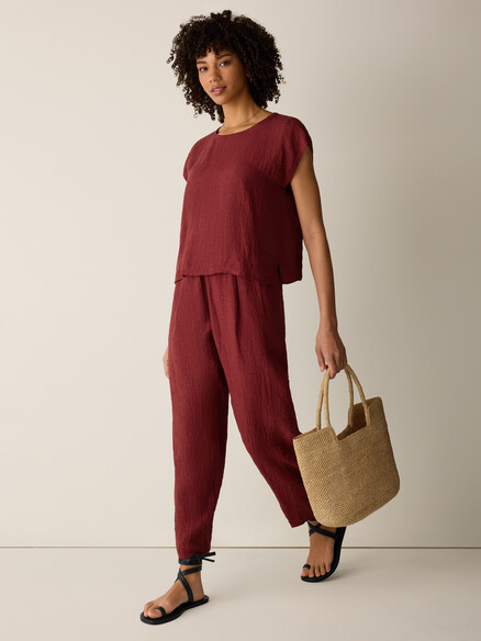 Eileen Fisher Puckered Organic Linen Stripe Jewel Neck Square Top in Sun Dried Tomato