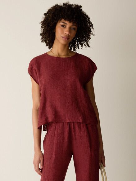 Eileen Fisher Puckered Organic Linen Stripe Jewel Neck Square Top in Sun Dried Tomato