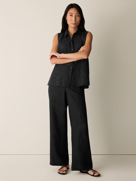 Eileen Fisher Puckered Organic Linen Grid Sleeveless Shirt in Black/White
