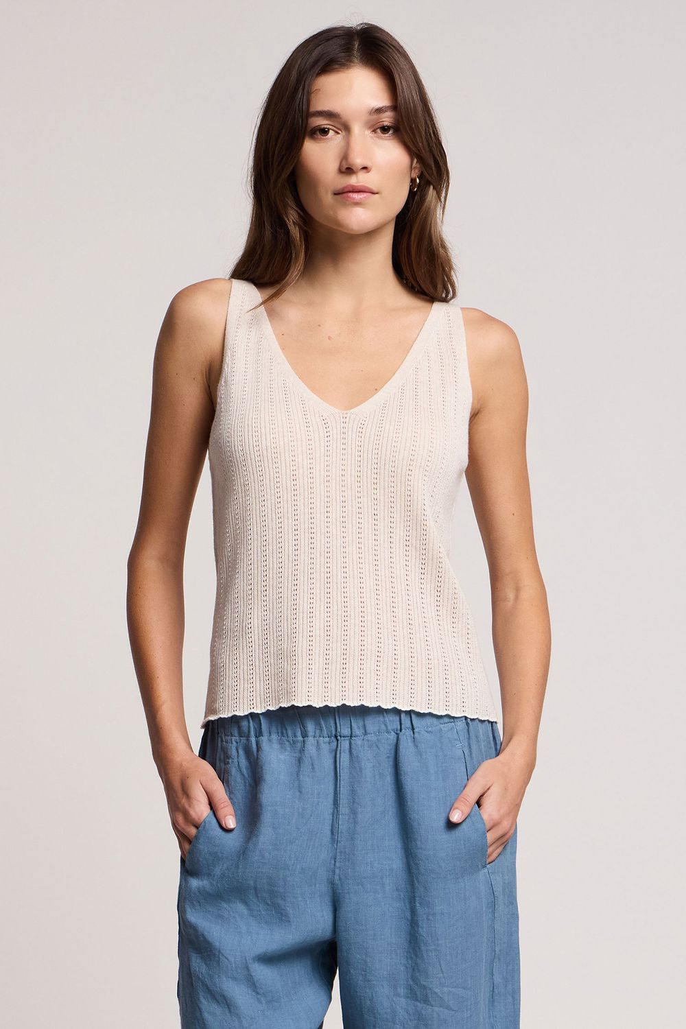 Velvet Lorena Organic Cotton Linen Pointelle Tank in Muslin