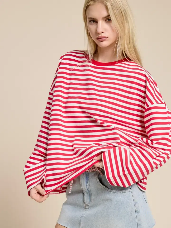 Mimosa Striped Terry Oversized Long Sleeve Top in Red Mimosa Striped Terry Oversized Long Sleeve Top in Red