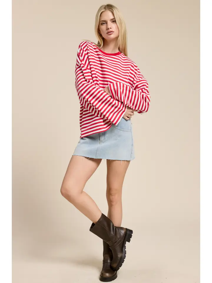 Mimosa Striped Terry Oversized Long Sleeve Top in Red