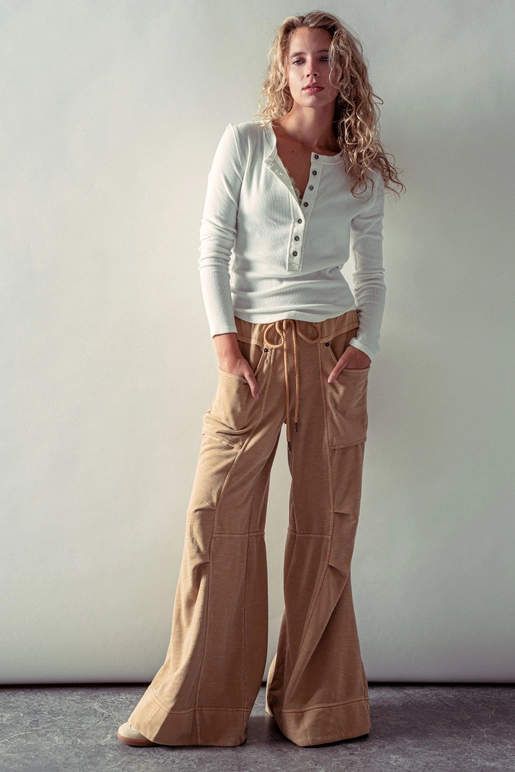 Urban Daizy Ribbed Henley Long Sleeve Top in Ivory