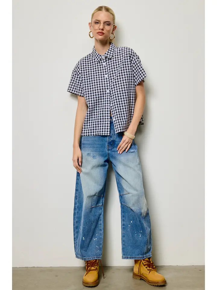 Mimosa Gingham Short Sleeve Button Down Shirt in Black