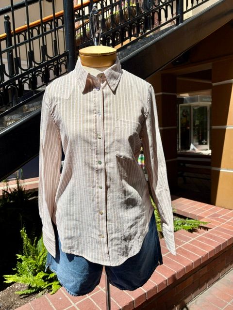 Urban Daizy Coastal Striped Linen-Blend Button Down Shirt in Sand