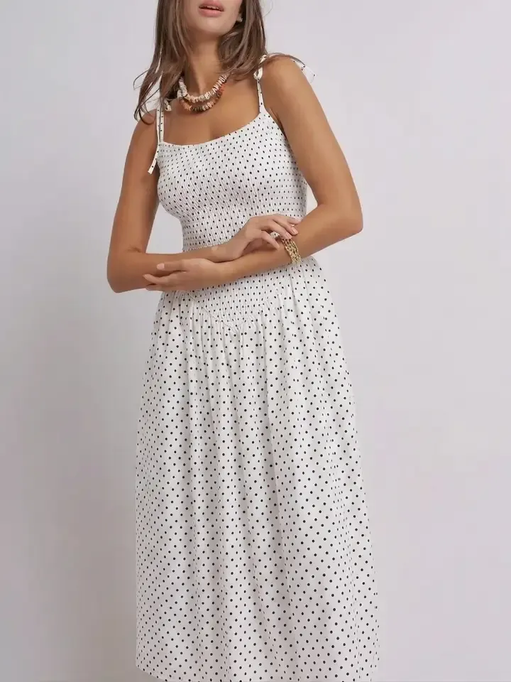 Urban Daizy Polka Dot Smocked Cotton Midi Dress in White
