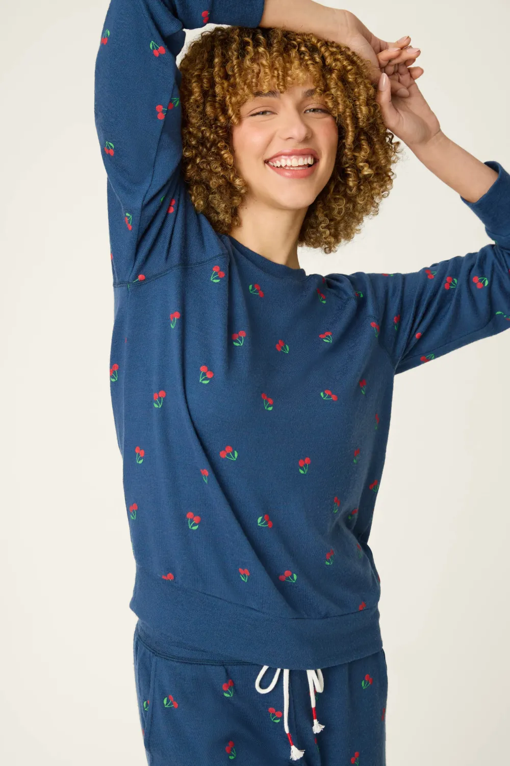 PJ Salvage Star Spangled Cherry Print Long Sleeve 2pc PJ Set in True Navy