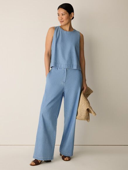 Eileen Fisher Lightweight Organic Cotton Denim Full Length Trouser in Light Wash Eileen Fisher Lightweight Organic Cotton Denim Full Length Trouser in Light Wash