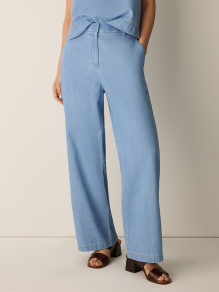 Eileen Fisher Lightweight Organic Cotton Denim Full Length Trouser in Light Wash