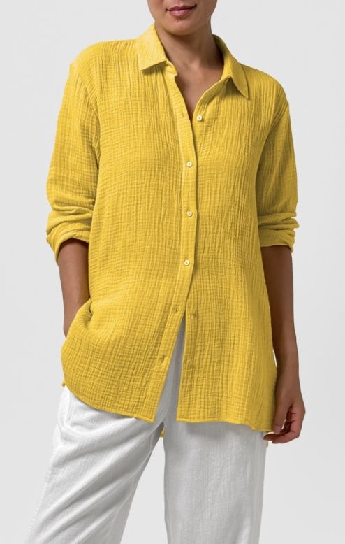 Eileen Fisher Striped Organic Cotton Gauze Classic Collar Shirt in Soleil