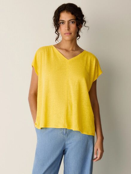 Eileen Fisher Organic Linen Jersey V-Neck Tee in Soleil