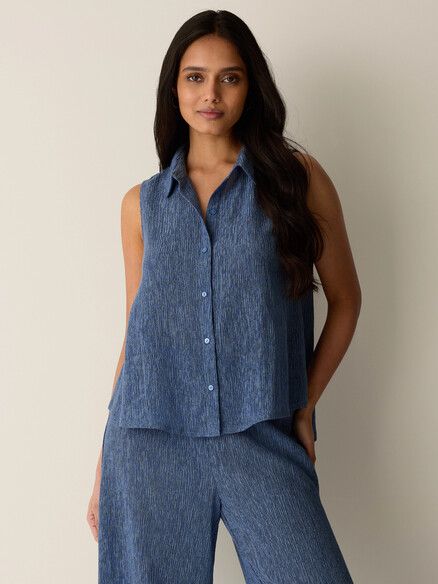 Eileen Fisher Woven Plisse Sleeveless Shirt in Cornflower Eileen Fisher Woven Plisse Sleeveless Shirt in Cornflower