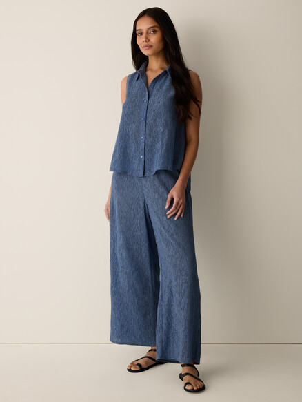 Eileen Fisher Woven Plisse Sleeveless Shirt in Cornflower