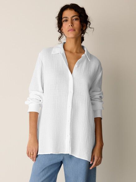 Eileen Fisher Organic Cotton Lofty Gauze Classic Collar Shirt in White