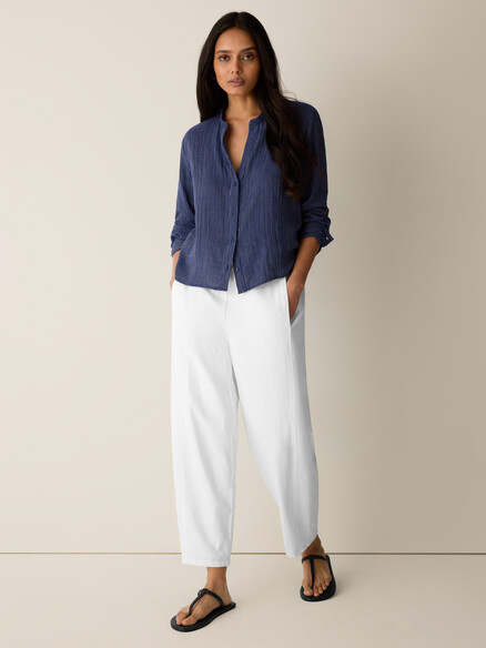 Eileen Fisher Striped Organic Cotton Gauze Band Collar Shirt in Deep Dive