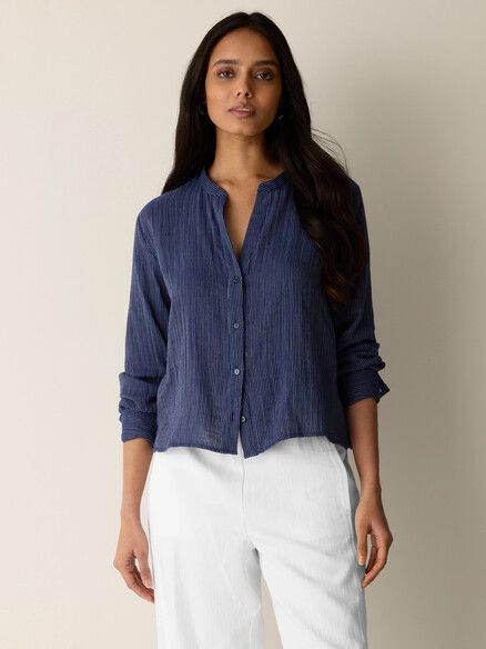 Eileen Fisher Striped Organic Cotton Gauze Band Collar Shirt in Deep Dive Eileen Fisher Striped Organic Cotton Gauze Band Collar Shirt in Deep Dive