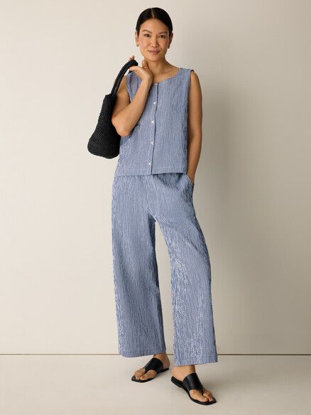 Eileen Fisher Organic Cotton Pucker Check Wide-Leg Pant in Light Dive