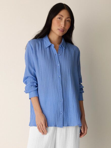 Eileen Fisher Striped Organic Cotton Gauze Classic Collar Shirt in Cornflower