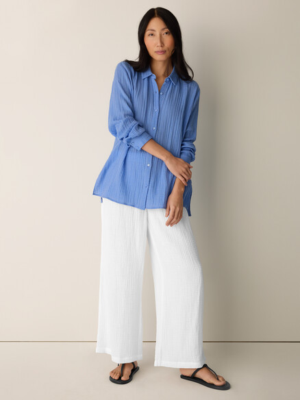 Eileen Fisher Striped Organic Cotton Gauze Classic Collar Shirt in Cornflower