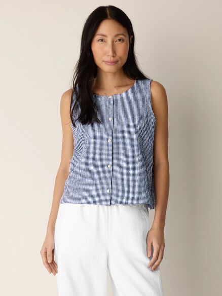 Eileen Fisher Organic Cotton Pucker Check Vest in Light Dive