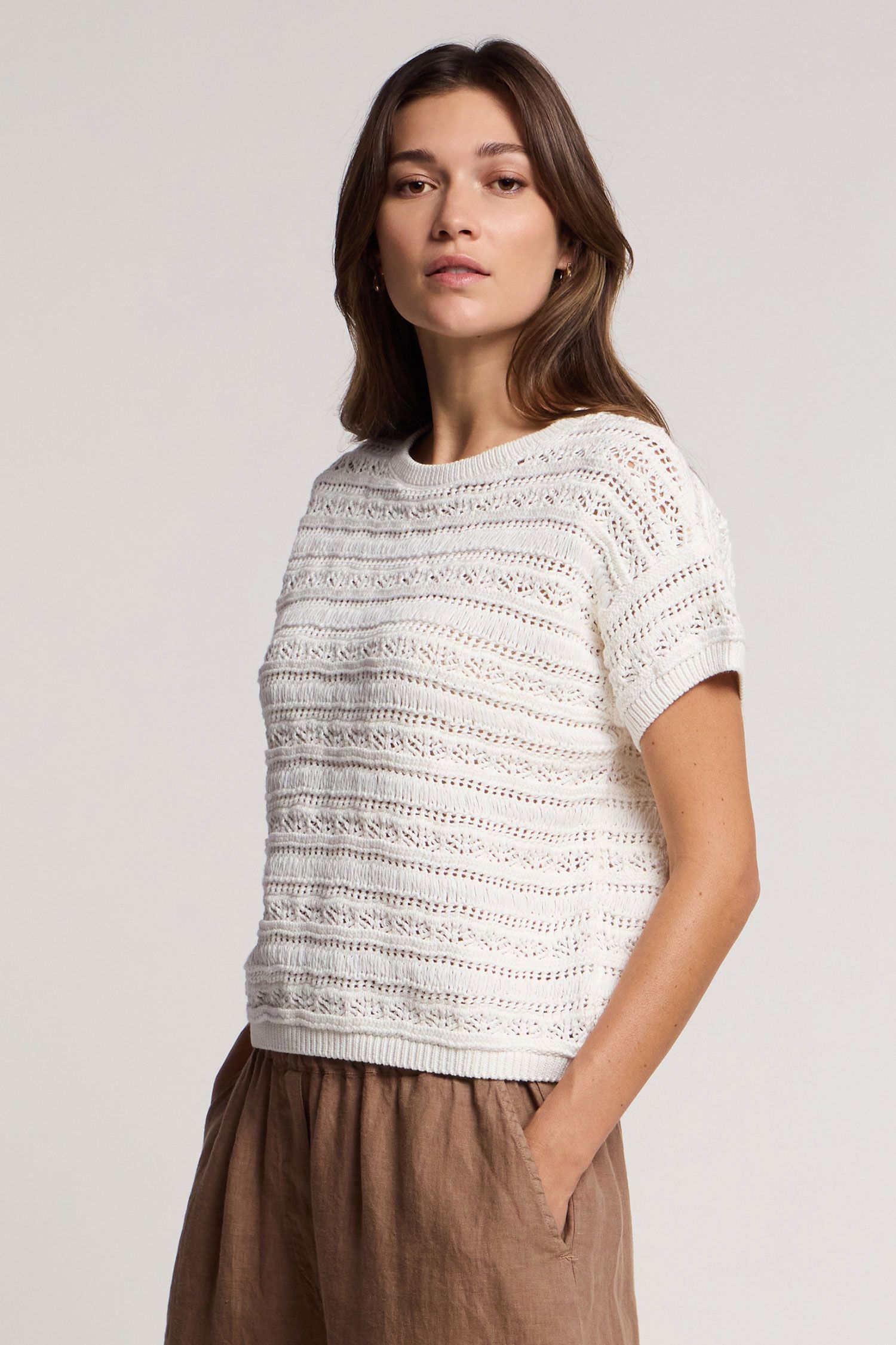 Velvet Blossom Cotton Crochet Stitch Top in White