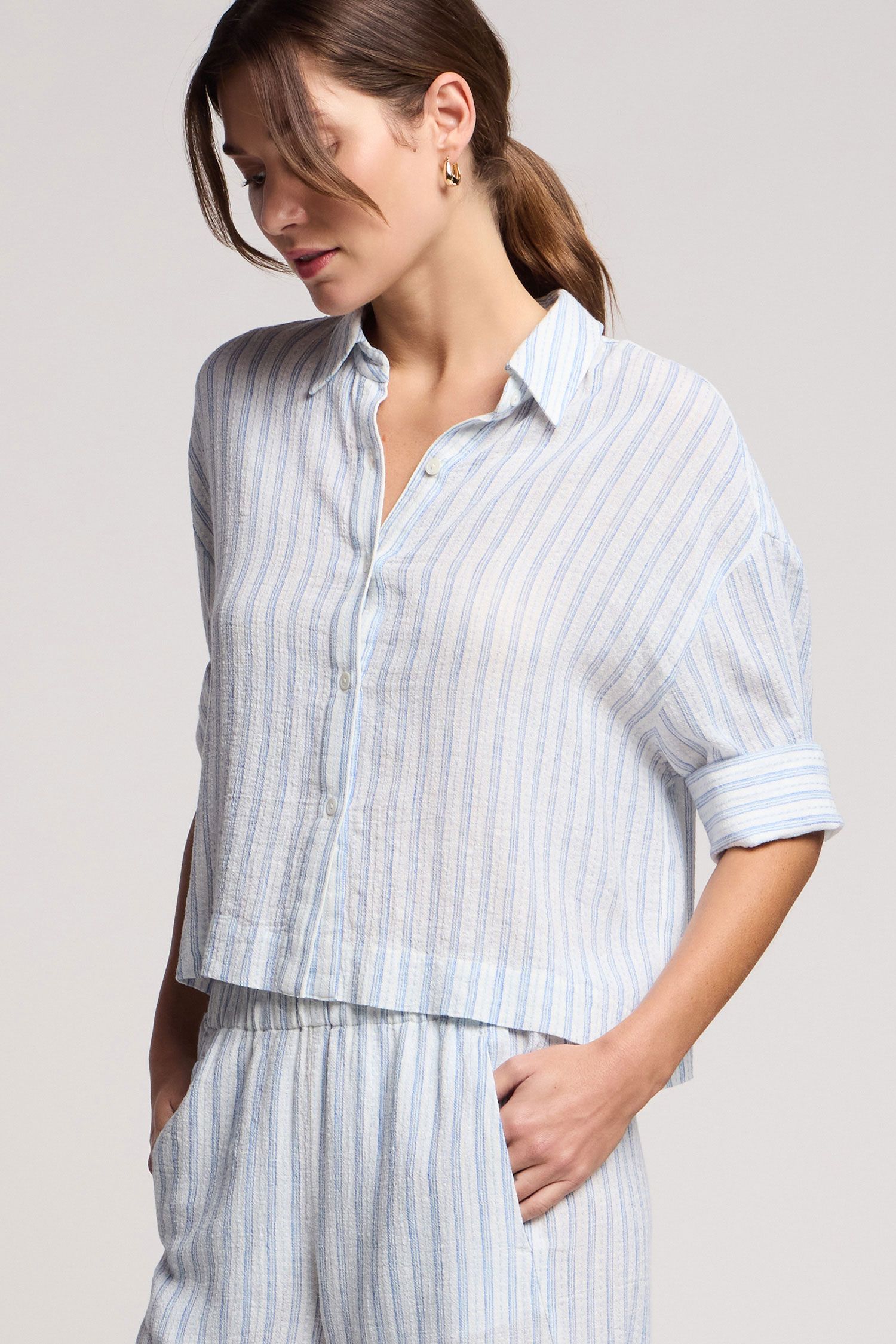 Velvet Greya Embroidered Striped Linen Top in White/Blue