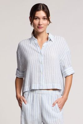 Velvet Greya Embroidered Striped Linen Top in White/Blue