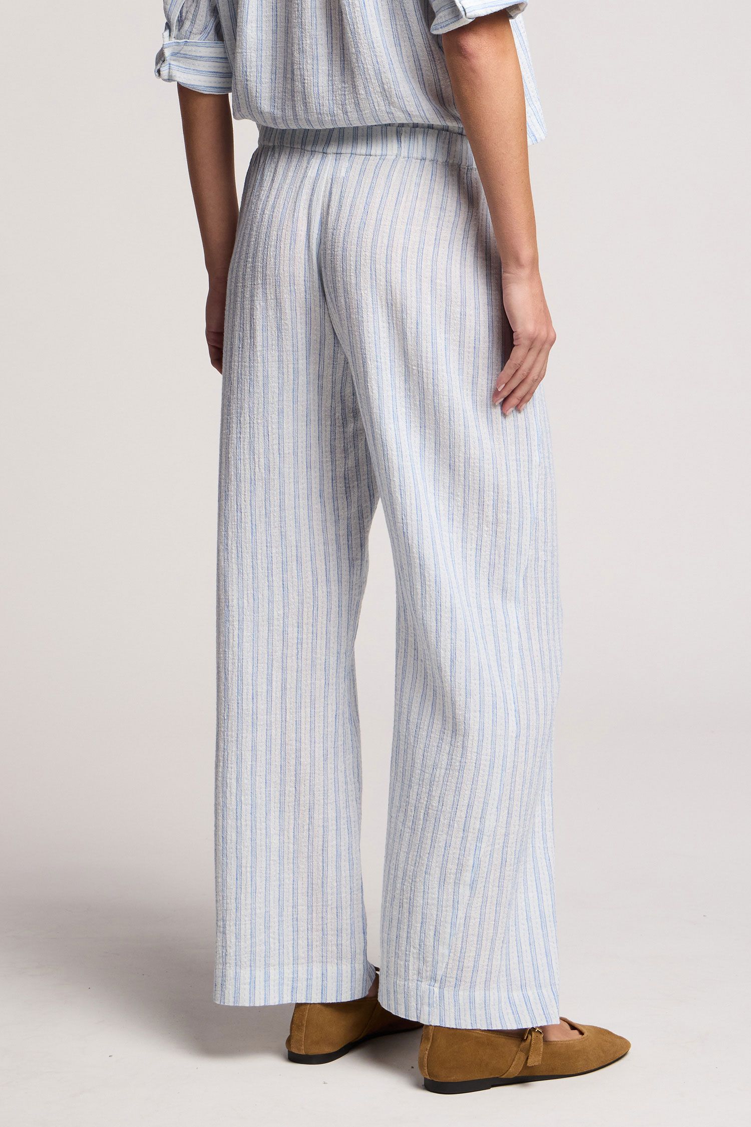 Velvet Evony Embroidered Striped Linen Pant in White/Blue