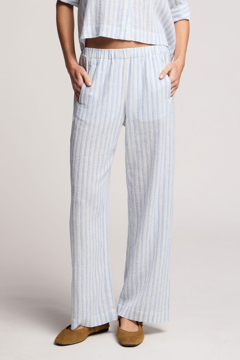 Velvet Evony Embroidered Striped Linen Pant in White/Blue Velvet Evony Embroidered Striped Linen Pant in White/Blue