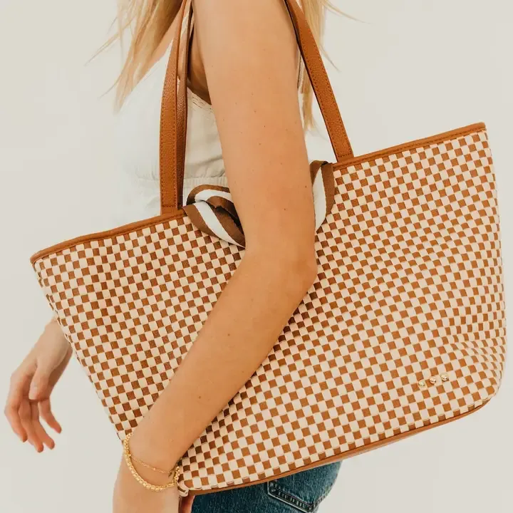 Pretty Simple Woven Tiffany Organizer Tote in Checkered Brown Pretty Simple Woven Tiffany Organizer Tote in Checkered Brown