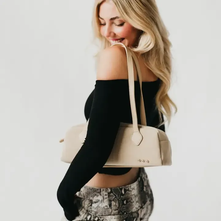 Pretty Simple Sally Suede Barrel Shoulder Bag in Oat Pretty Simple Sally Suede Barrel Shoulder Bag in Oat