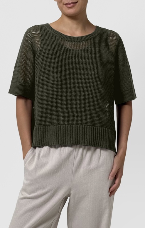 Eileen Fisher Organic Linen Cotton Round Neck Short Sleeve Sweater in Seaweed