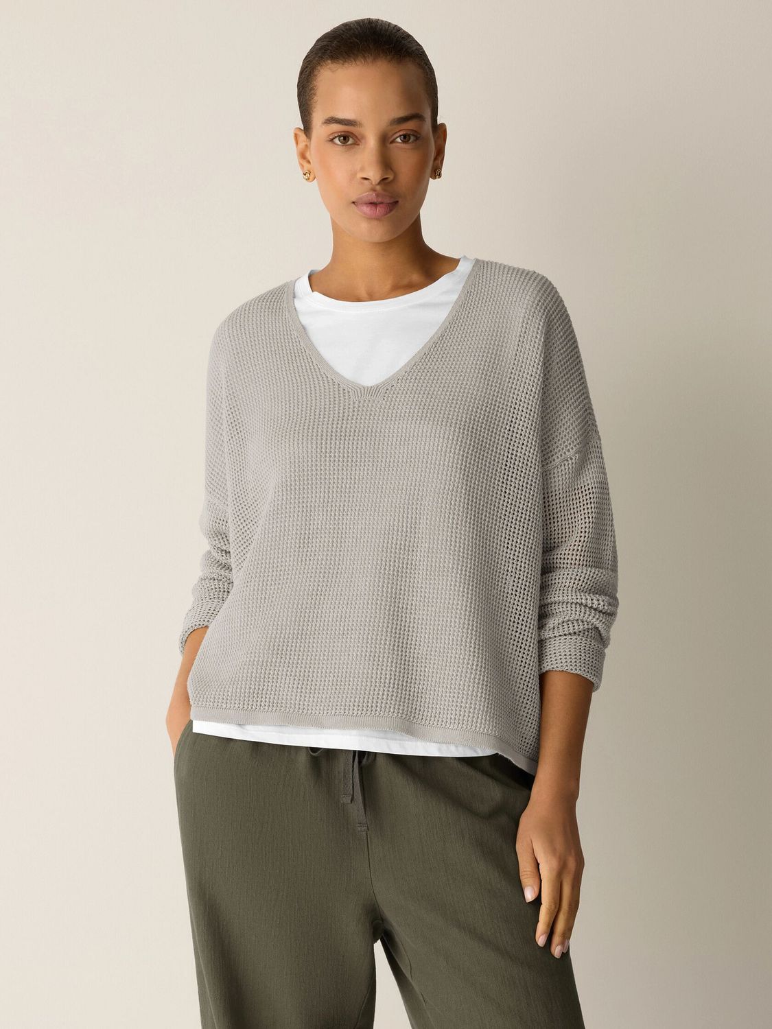 Eileen Fisher Organic Linen Cotton V-Nek Sweater in Chalk Eileen Fisher Organic Linen Cotton V-Nek Sweater in Chalk