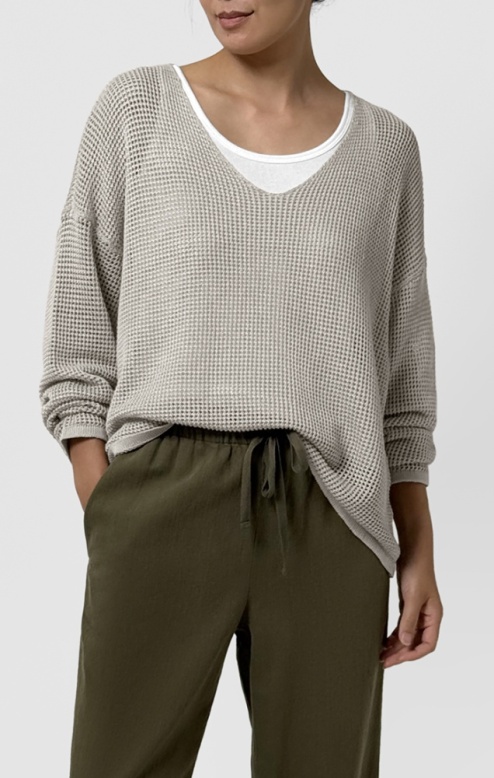 Eileen Fisher Organic Linen Cotton V-Nek Sweater in Chalk