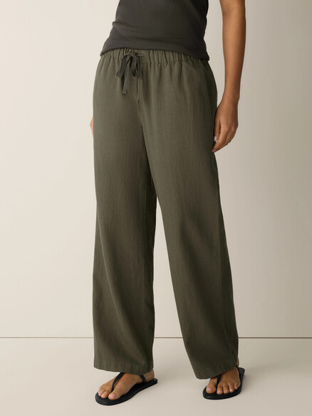 Eileen Fisher Slubby Organic Cotton Linen Straight Pant in Olive