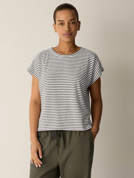 Eileen Fisher Striped Organic Cotton Slub Crewneck Top in Olive Eileen Fisher Striped Organic Cotton Slub Crewneck Top in Olive