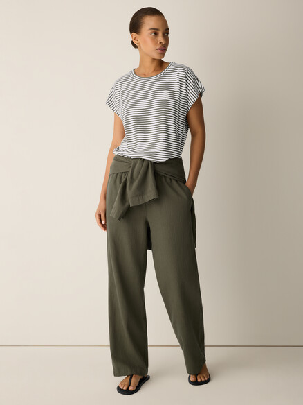 Eileen Fisher Striped Organic Cotton Slub Crewneck Top in Olive