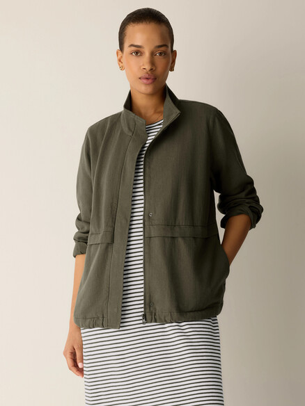 Eileen Fisher Slubby Organic Cotton Linen Zip-Up Jacket in Olive