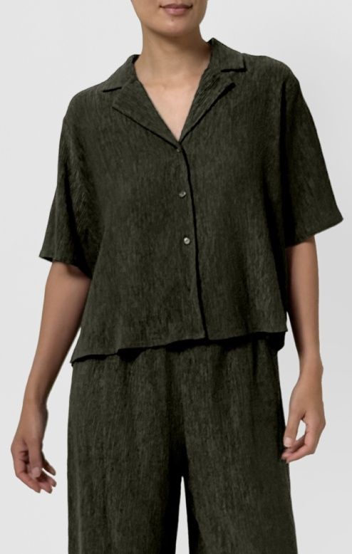 Eileen Fisher Woven Plisse Notch Collar Elbow Sleeve Shirt in Seaweed Eileen Fisher Woven Plisse Notch Collar Elbow Sleeve Shirt in Seaweed