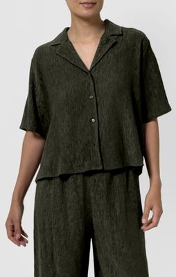Eileen Fisher Woven Plisse Notch Collar Elbow Sleeve Shirt in Seaweed Eileen Fisher Woven Plisse Notch Collar Elbow Sleeve Shirt in Seaweed