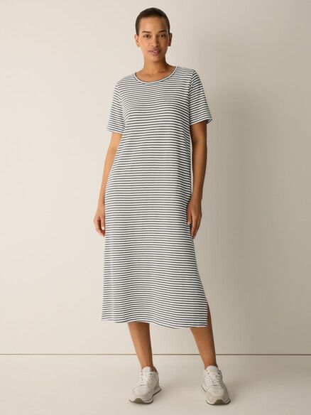 Eileen Fisher Striped Organic Cotton Slub Short Sleeve Dress in Olive Eileen Fisher Striped Organic Cotton Slub Short Sleeve Dress in Olive
