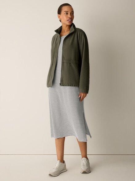 Eileen Fisher Striped Organic Cotton Slub Short Sleeve Dress in Olive