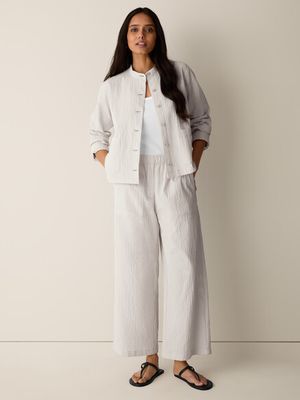 Eileen Fisher Organic Cotton Pucker Check Wide Ankle Pant in Chalk